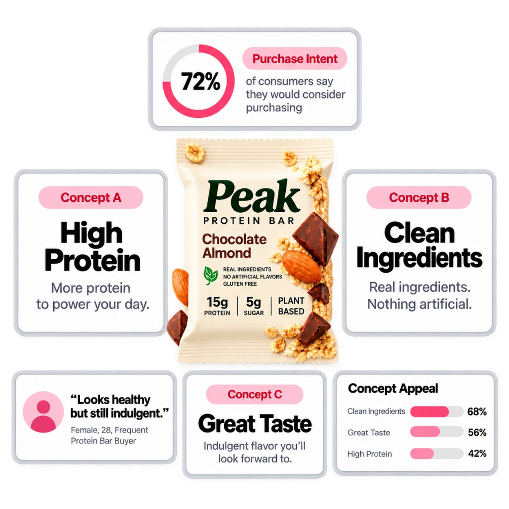 Protein bar concept message testing with purchase intent and concept appeal
